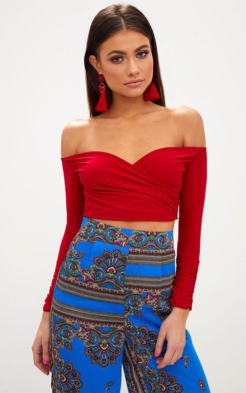 Red Slinky Bardot Longsleeve Crop Top, Red