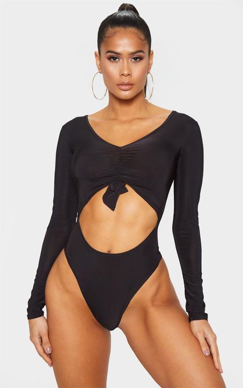 Black Slinky Tie Front Long Sleeve Bodysuit