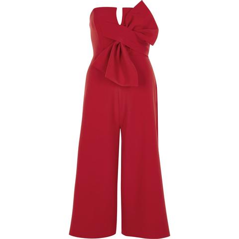 Petite Red Bow Front Bandeau Culotte Jumpsuit