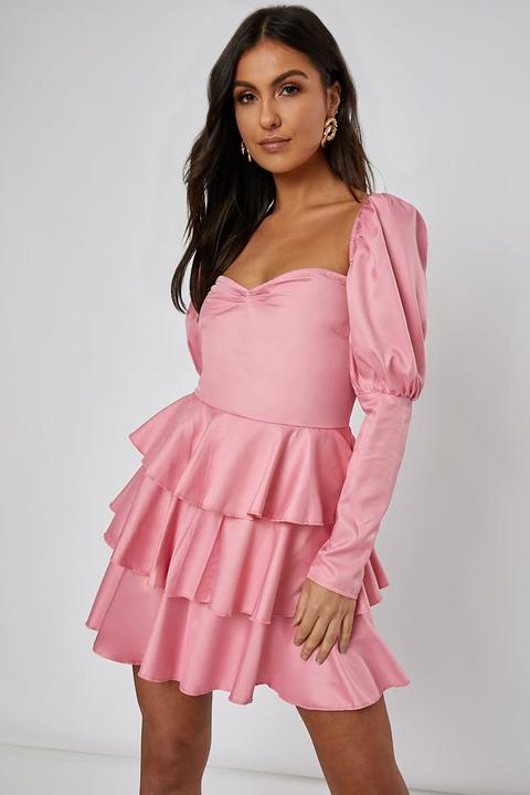 Pink Dresses - Rose Pink Puff Sleeve Tiered Mini Dress