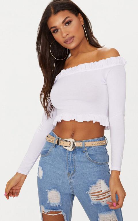 White Bardot Frill Jersey Crop Top, White