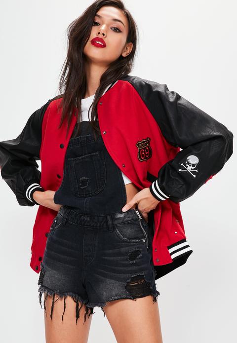 Red Varsity Applique Details Bomber Jacket