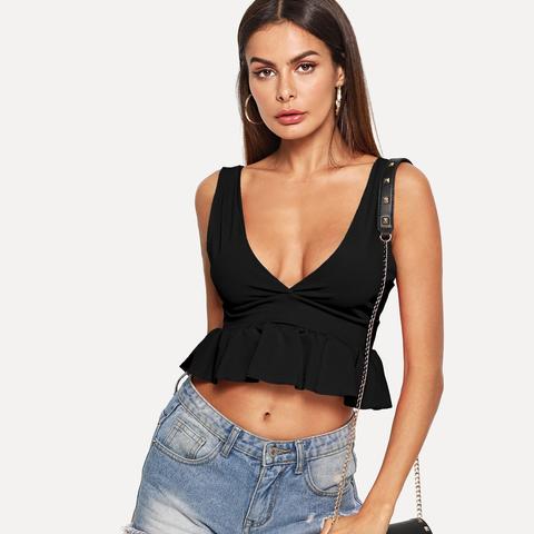 Sexy A Tinta Unita Orlare A Volant Nero Tops & Camis