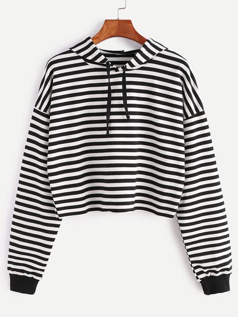 Sudadera Corta De Rayas Con Hombro Caído Con Capucha - Negro Blanco
