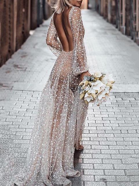 Maxi Dress Scollo A V Glitter Con Paillettes Senza Maniche Manica Lunga Eleganti Abiti Da Sposa Per Banchetti Bianco