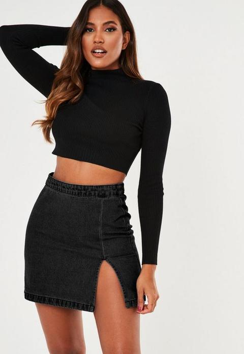 Tall Black Single Split Denim Mini Skirt, Black