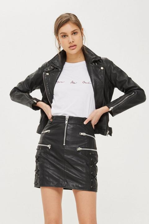 Lace Side Zip Leather Skirt