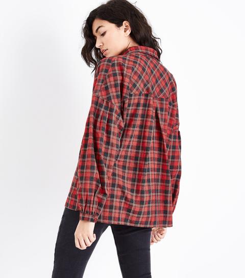 Red Check Gathered Sleeve Shirt