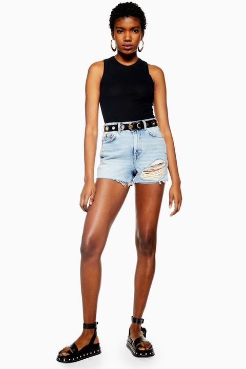 Womens Bleach Wash Ripped Denim Mom Shorts - Bleach Stone, Bleach Stone