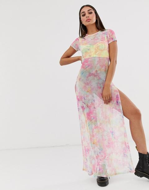 Boohoo Festival Mesh Maxi Dress With Side Splits In Pink Tie Dye