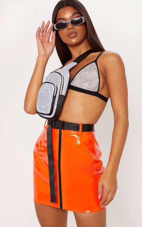 Orange Vinyl Zip Detail Belted Mini Skirt