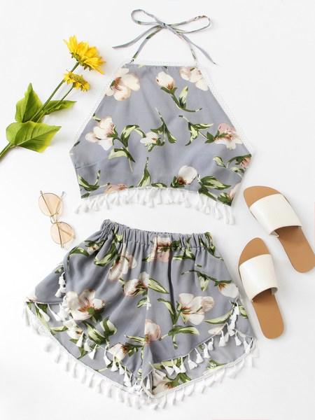 Fringe Hem Floral Print Halter Top With Shorts