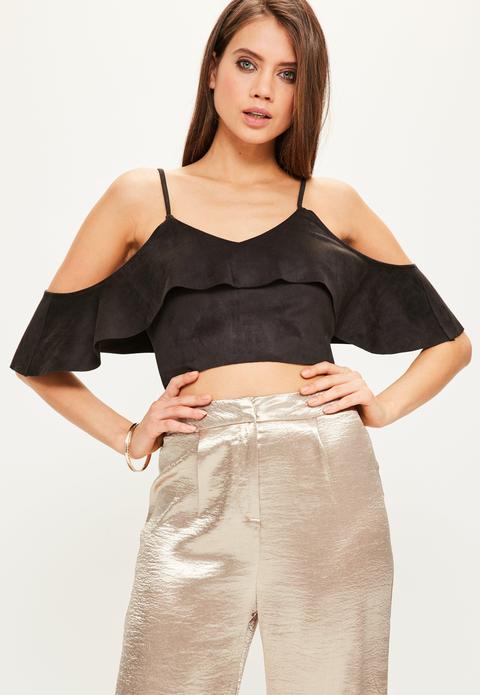 Black Ruffle Crop Bardot Cami Top