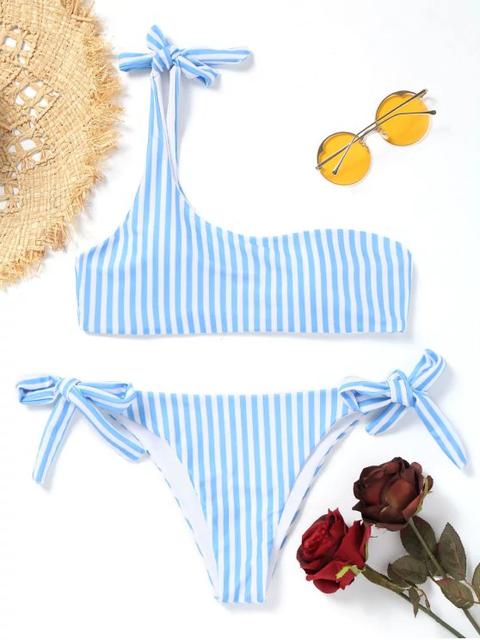 Striped One Shoulder String Bikini Blue And White