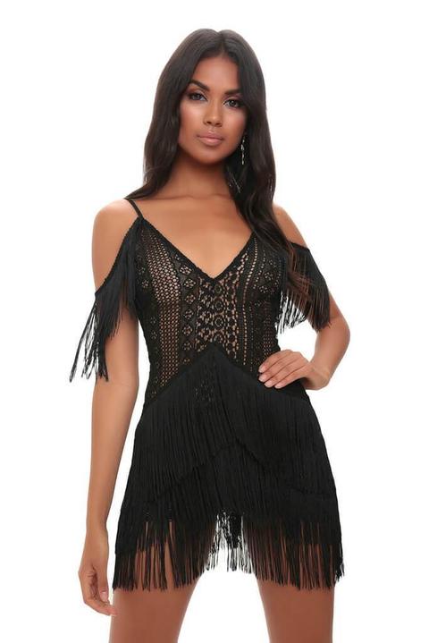 Black Lace & Fringe Cold Crochet Shoulder Dress