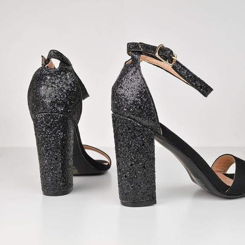 Annie - Black Glitter Ankle Strap Heeled Sandals