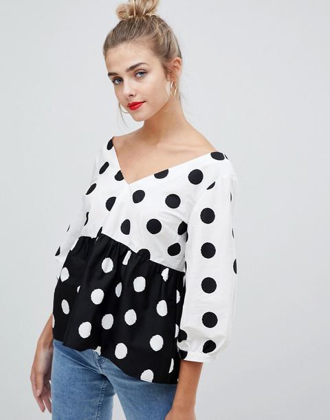 Top De Manga Larga Con Cuello En V Y Estampado De Lunares Variados De Asos-multicolor