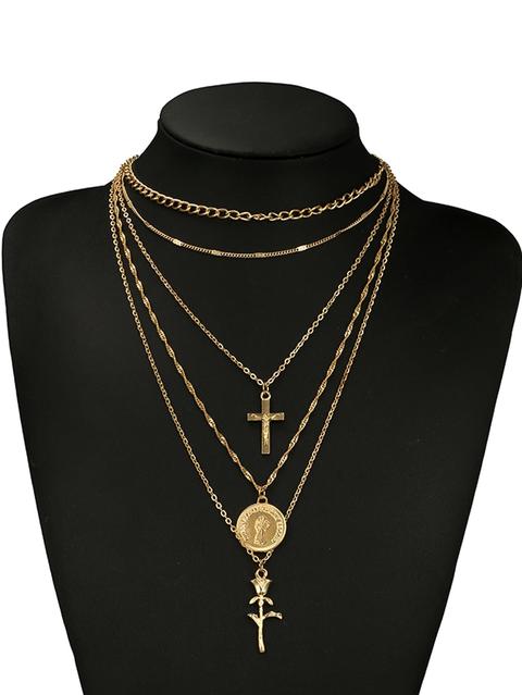 Collana A Strati Pendente Croce E Rosa