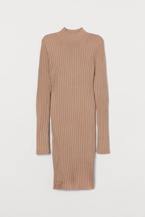 Geripptes Kleid Mit Rollkragen - Beige - Damen