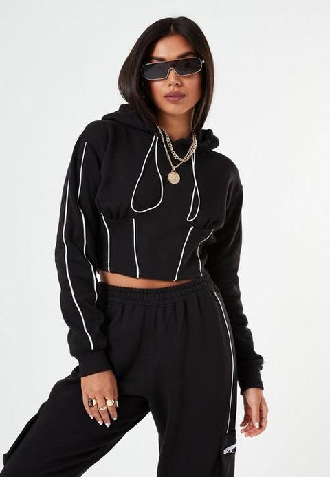 Lissy Roddy X Missguided Black Co Ord Contrast Pipe Corset Crop Hoodie, Black