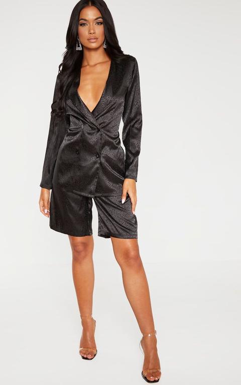 Black Satin Leopard Jacquard Longline Formal Short