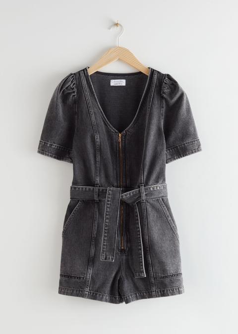 Puff Sleeve Denim Romper