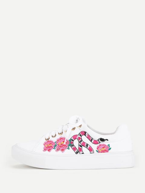 Snake & Flower Embroidery Lace Up Sneakers