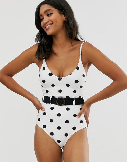 New Look - Costume Da Bagno A Pois Con Cintura - Bianco