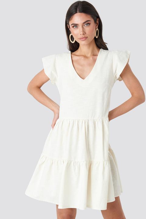 Linen Look Frill Dress Weiß