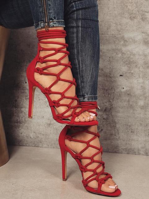 Hollow Out Lace Up Thin Heels Sandals -red