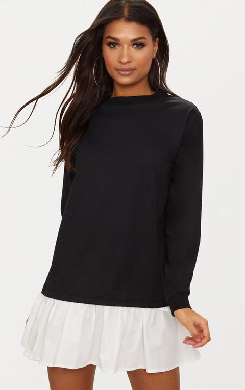 Black Sweatshirt Dress With Poplin Frill