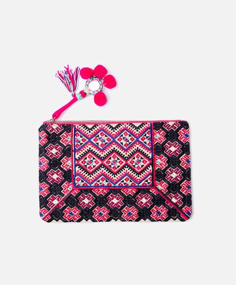 Cartera Bordado Geométrico Color: Fucsia Talla: M Material: Algodón,poliester,acrílico,algodón,