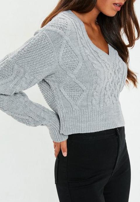 Grey V Neck Cable Knitted Cropped Jumper Grey from Missguided on