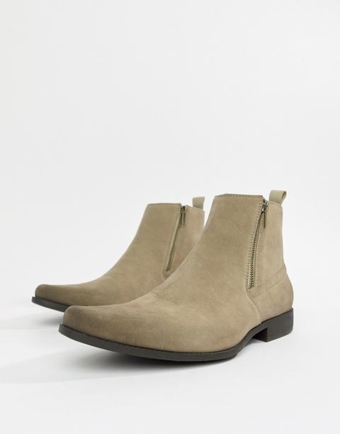 Botas Chelsea De Antelina En Color Piedra Con Cremalleras De Asos Design-beis