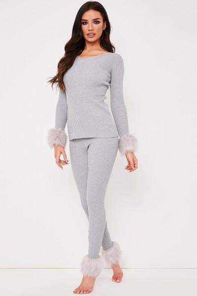 Victoria Grey Ribbed Faux Fur Cuffed Loungewear Set