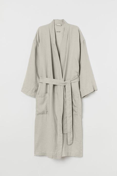 Washed Linen Dressing Gown - Beige