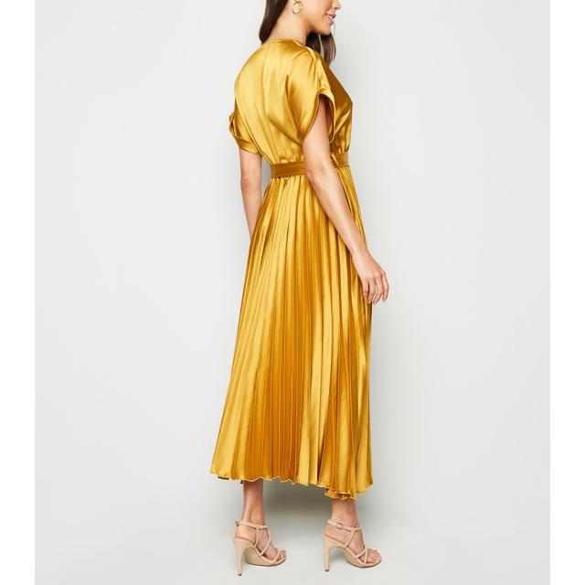 mustard satin pleated midi dress