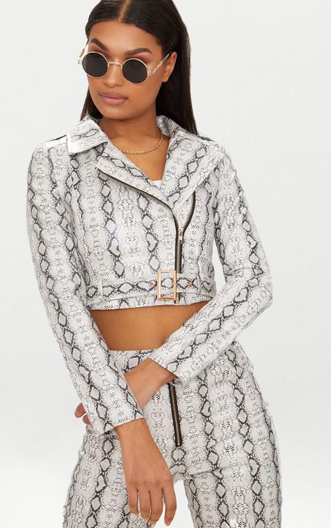 Grey Cropped Snake Print Biker Jacket, Grey