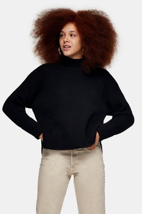 Black Plaited Funnel Neck Knitted Jumper