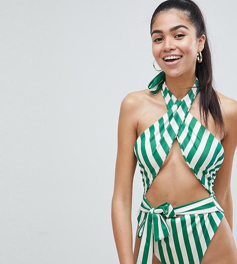 Trikini A Rayas Con Cuello Halter De Prettylittlething