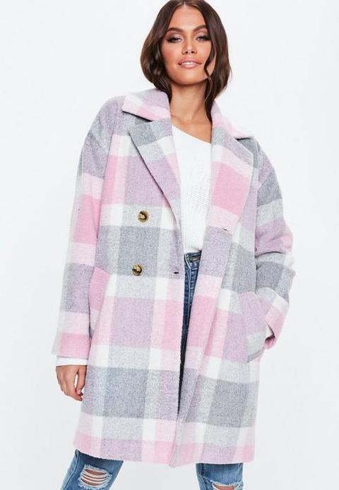 Pink Check Print Cocoon Coat, Pink