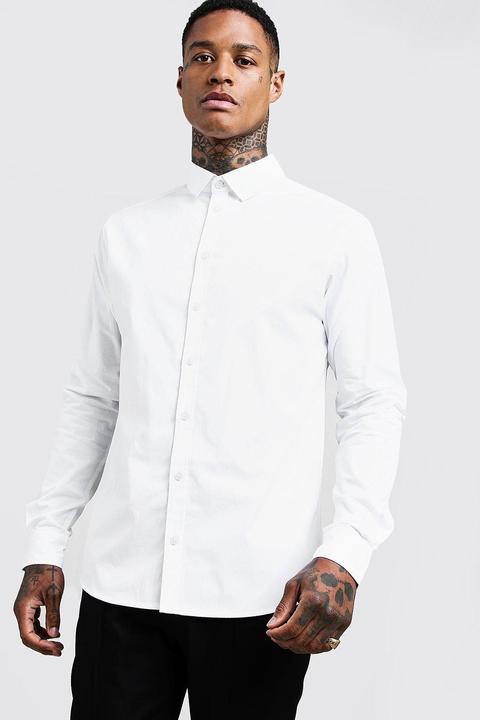 Mens White Cotton Poplin Shirt In Long Sleeve, White