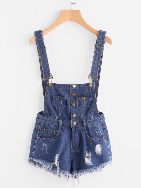 Distressed Fray Hem Denim Dungaree Shorts