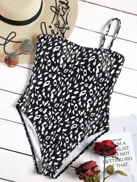 Costume Intero Con Taglio Alto Stampa Leopardo