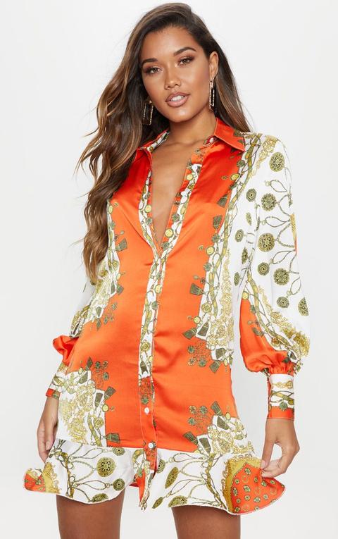 Orange Chain Print Frill Hem Shirt Dress