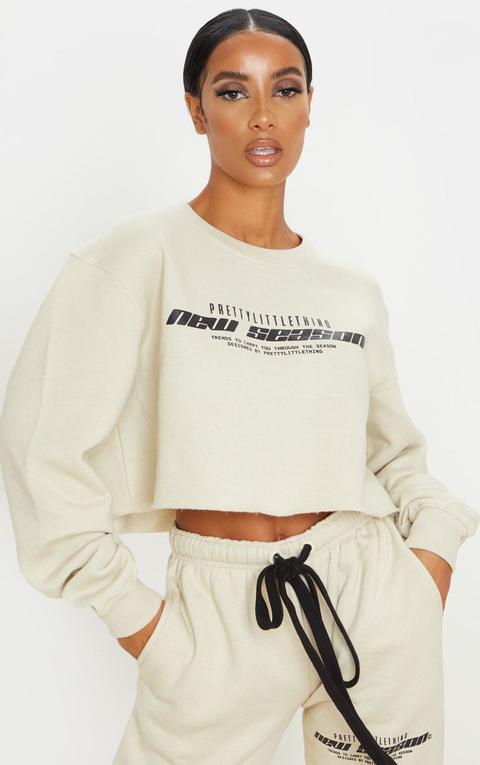 Prettylittlething Sand New Season Slogan Cropped Sweatshirt