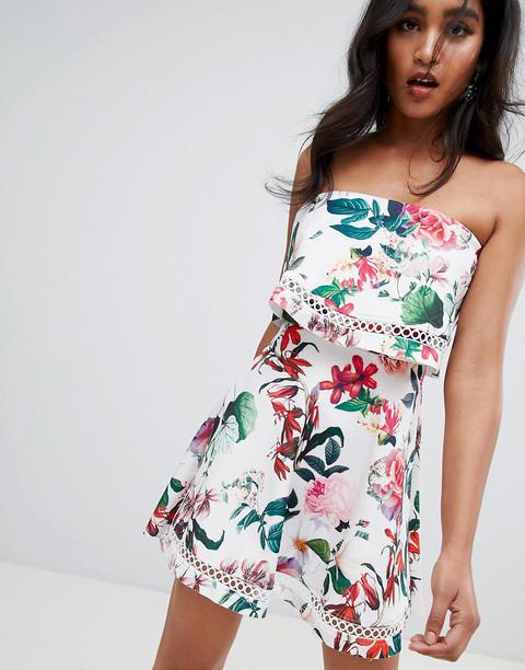 Asos Design Floral Bandeau Ruffle Mini Dress With Crochet Trim-multi