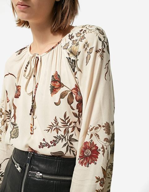 Blusa Stampa Floreale Bottoni Ecru