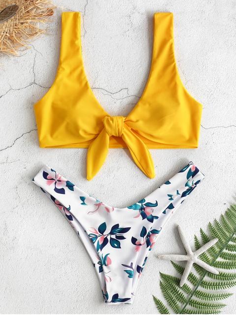 Conjunto De Bikini Delantero Con Estampado De Plantas Zaful Rubber Ducky Yellow Black Orange Pink