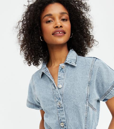 Pale Blue Denim Belted Playsuit New Look